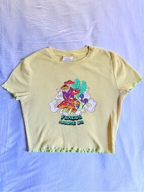 Empyre Lemon Crop Tee with Colorful Mushroom Print